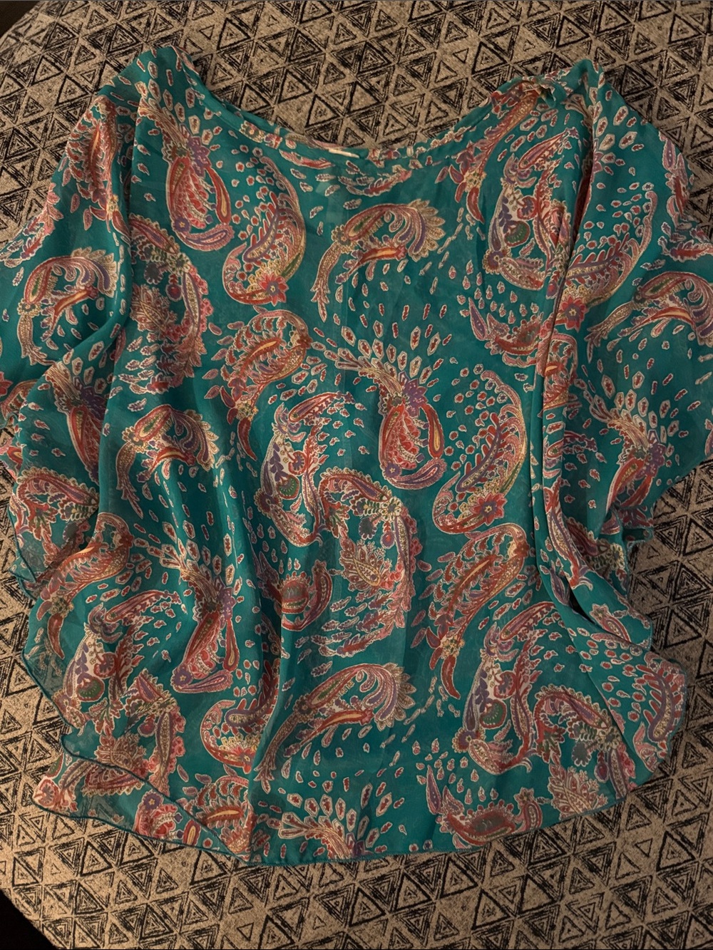 Paisley Print Flutter-Sleeve Blouse in Teal